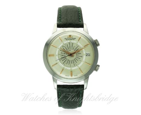 A GENTLEMAN'S STAINLESS STEEL JAEGER LECOULTRE SPEED BEAT MEMOVOX ALARM WRIST WATCH CIRCA 1970, REF. E873
D: Silver dial with