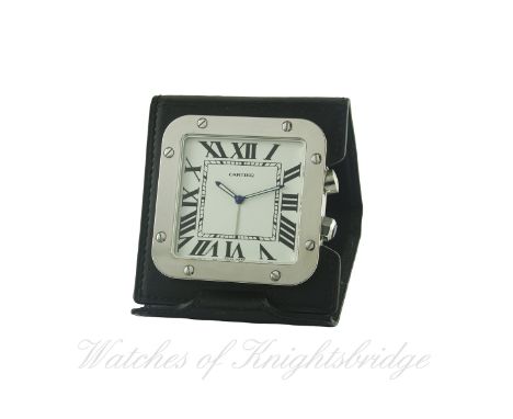 A CARTIER SANTOS TRAVEL ALARM DESK CLOCK CIRCA 2007, REF. 2750
D: White dial with Roman numerals, secret signature at 7 o'clo