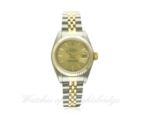 A LADIES STEEL & GOLD ROLEX OYSTER PERPETUAL DATEJUST BRACELET WATCH DATED 1993, REF. 69173 WITH BOX & PAPERS
D: Champagne di