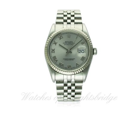 A GENTLEMAN'S STEEL & WHITE GOLD ROLEX OYSTER PERPETUAL DATEJUST BRACELET WATCH CIRCA 1991, REF. 16233 WITH ORIGINAL BOX
D: S