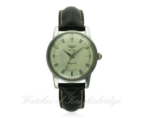 A GENTLEMAN'S STAINLESS STEEL LONGINES CONQUEST AUTOMATIC WRIST WATCH CIRCA 1955, REF. 9000 1
D: Silver dial with silver face