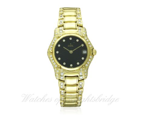 A LADIES 18K SOLID GOLD &amp; DIAMOND EBEL 1911 BRACELET WATCH CIRCA 1990s, REF. 888944 D: Black dial with diamond set marker