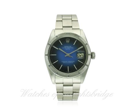 A GENTLEMAN'S STAINLESS STEEL ROLEX OYSTER PERPETUAL DATE BRACELET WATCH CIRCA 1964, REF. 1501
D: Blue "smoke" dial with whit