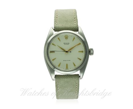 A GENTLEMAN'S STAINLESS STEEL ROLEX OYSTER PRECISION WRIST WATCH CIRCA 1961, REF. 6426 / 6427
D: Silver dial with gilt "dagge