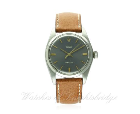 A GENTLEMAN'S STAINLESS STEEL ROLEX OYSTER PRECISION WRIST WATCH CIRCA 1973, REF. 6426
D: Grey dial with gilt batons & hands.