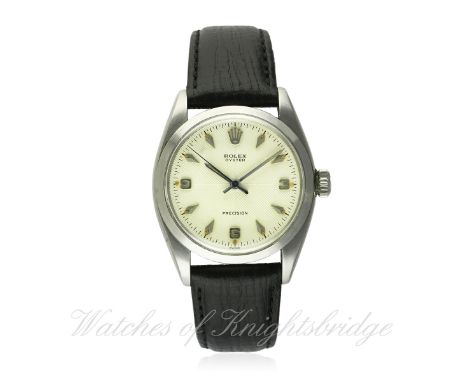 A RARE GENTLEMAN'S STAINLESS STEEL ROLEX OYSTER PRECISION WRIST WATCH CIRCA 1957, REF. 6422
D: Silver quartered dial with 3-6
