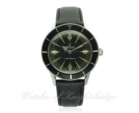 A RARE GENTLEMAN'S STAINLESS STEEL BREITLING SUPEROCEAN WRIST WATCH CIRCA 1960
D: Black dial with silver "dagger" batons & la