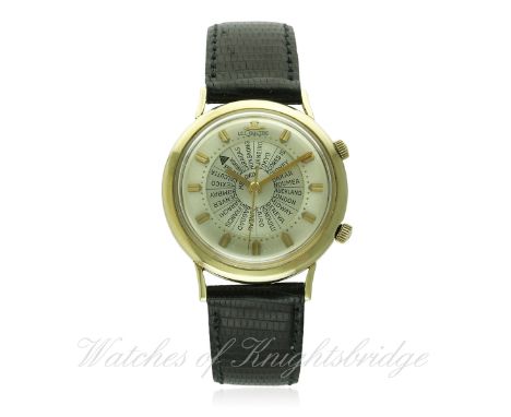 A GENTLEMAN'S 10K GOLD FILLED LECOULTRE WORLD TIME MEMOVOX ALARM WRIST WATCH CIRCA 1960s, REF. 3025 D: Silver dial with gilt 