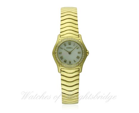 A LADIES 18K SOLID GOLD &amp; DIAMOND EBEL CLASSIC WAVE BRACELET WATCH CIRCA 2008, REF. E8157F14 D: Mother of pearl dial with