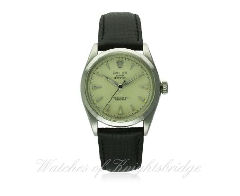 A GENTLEMAN'S STAINLESS STEEL ROLEX OYSTER PERPETUAL WRIST WATCH CIRCA 1955, REF. 6284
D: Silver "honeycomb" dial with silver