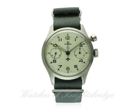 A GENTLEMAN'S STAINLESS STEEL BRITISH MILITARY ROYAL NAVY LEMANIA SINGLE BUTTON CHRONOGRAPH PILOTS WRIST WATCH CIRCA 1960s
D: