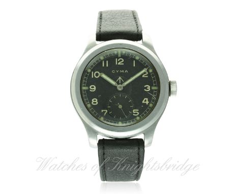 A GENTLEMAN'S STAINLESS STEEL BRITISH MILITARY W.W.W. CYMA WRIST WATCH CIRCA 1940s 
D: Black dial with Arabic numerals, lumin