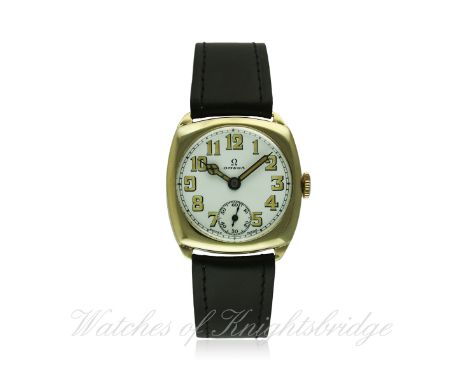 A GENTLEMAN'S 9CT SOLID GOLD OMEGA WRIST WATCH DATED 1934 FROM CASE BACK INSCRIPTION D: Enamel dial with luminous Arabic nume