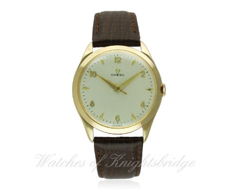 A GENTLEMAN'S LARGE SIZE 14K SOLID GOLD OMEGA WRIST WATCH CIRCA 1951, REF. 2624
D: Silver dial with gilt "dagger" batons & Ar