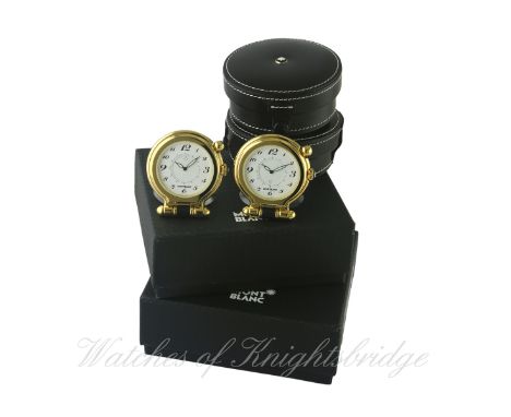 TWO GILT METAL MONTBLANC MEISTERSTUCK TRAVEL ALARM CLOCKS CIRCA 2012, REF.29313 IN UNUSED CONDITION WITH ORIGINAL BOX & OPEN 