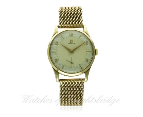 A GENTLEMAN'S 9CT SOLID GOLD OMEGA BRACELET WATCH CIRCA 1954, REF. 684576
D: Two tone silver "honeycomb" dial with gilt Arabi