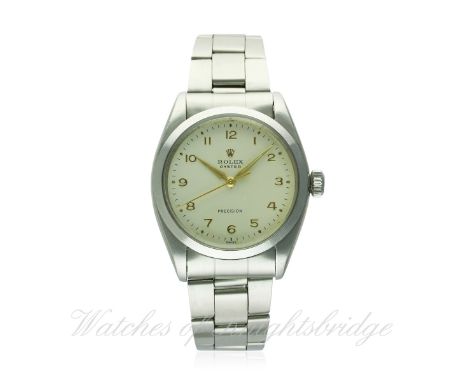 A GENTLEMAN'S STAINLESS STEEL ROLEX OYSTER PRECISION BRACELET WATCH CIRCA 1962, REF. 6426
D: Silver dial with raised gilt Ara