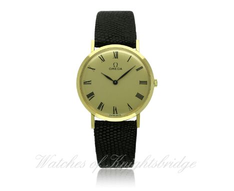 A GENTLEMAN'S 14K SOLID GOLD OMEGA WRIST WATCH CIRCA 1974, REF. D 6672 / 354441
D: Champagne dial with applied Roman numerals