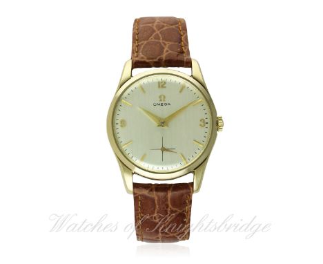 A GENTLEMAN'S 9CT SOLID GOLD OMEGA WRIST WATCH CIRCA 1961, REF. 209667
D: Silver dial with gilt batons & Arabic numerals, sub