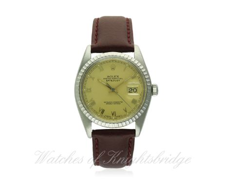 A GENTLEMAN'S STAINLESS STEEL ROLEX OYSTER PERPETUAL DATEJUST WRIST WATCH CIRCA 1979, REF. 16030
D: Champagne dial with gilt 