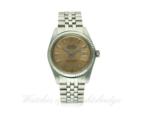 A GENTLEMAN'S STEEL & WHITE GOLD ROLEX OYSTER PERPETUAL DATEJUST WRIST WATCH CIRCA 1970, REF. 1601
D: Salmon pink dial with s