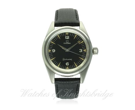 A RARE GENTLEMAN'S STAINLESS STEEL OMEGA RAILMASTER WRIST WATCH CIRCA 1963, REF. 135.004-63 S.C. D: Black dial with luminous 