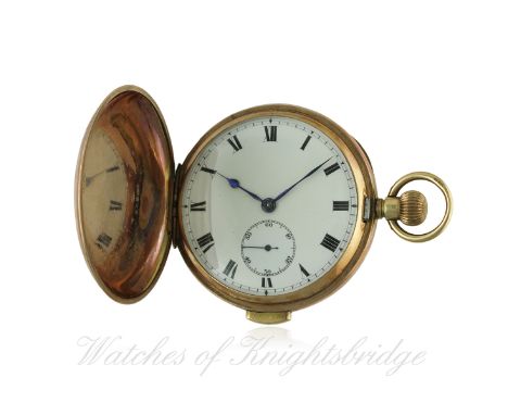 A GENTLEMAN'S 9CT GOLD FULL HUNTER QUARTER REPEATER POCKET WATCH CIRCA 1920s D: White enamel dial with Roman numerals, outer 