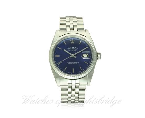 A GENTLEMAN'S STEEL & WHITE GOLD ROLEX OYSTER PERPETUAL DATEJUST WRIST WATCH CIRCA 1968, REF. 1601
D: Blue dial with silver b