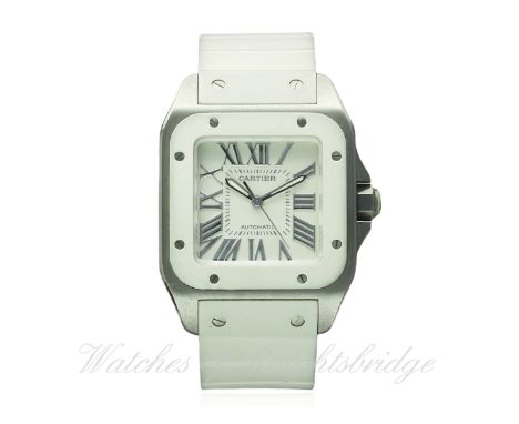 A MID SIZE STAINLESS STEEL CARTIER SANTOS 100 AUTOMATIC WRIST WATCH CIRCA 2008, REF. 2878 D: White dial with silver Roman num