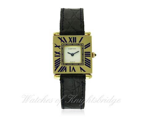 A GENTLEMAN'S 18K SOLID GOLD CARTIER PARIS WRIST WATCH CIRCA 1980s
D: Silver dial with blue steel hands. M: Quartz movement s