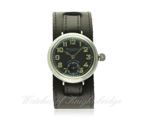 A GENTLEMAN'S SOLID SILVER ZENITH BIRCH &amp; GAYDON LAND &amp; WATER "OFFICERS" WRIST WATCH CIRCA 1918 D: Black enamel dial 