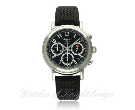 A GENTLEMAN'S STAINLESS STEEL CHOPARD MILLE MIGLIA 1000 CHRONOGRAPH WRIST WATCH CIRCA 2010, REF. 8331 D: Black dial with appl