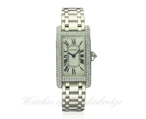 A LADIES 18K SOLID WHITE GOLD CARTIER TANK AMERICAINE BRACELET WATCH CIRCA 2004, REF. 1713 D: Silver dial with Roman numerals