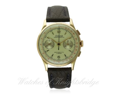 A GENTLEMAN'S 18K SOLID GOLD EXACTUS CHRONOGRAPHE SUISSE CHRONOGRAPH WRIST WATCH CIRCA 1940s, REF. 147
D: Champagne coloured 