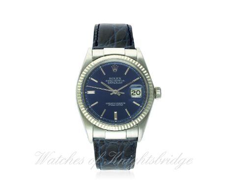 A GENTLEMAN'S STEEL & WHITE GOLD ROLEX OYSTER PERPETUAL DATEJUST WRIST WATCH CIRCA 1966, REF. 1601
D: Blue dial with silver b