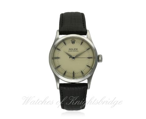 A GENTLEMAN'S STAINLESS STEEL ROLEX OYSTER PERPETUAL WRIST WATCH CIRCA 1954, REF. 6332
D: Silver dial with silver "dagger" ba