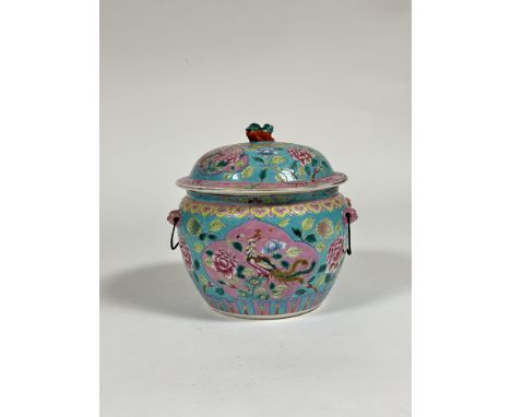 A Chinese Straits famille rose porcelain kamcheng and cover, probably c. 1900, of characteristic form, decorated with reserve