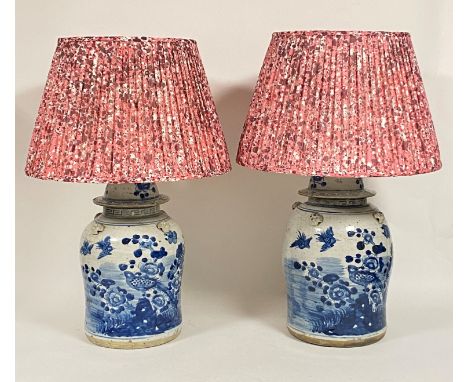 A pair of large OKA Chinese blue and white "Fenghuang" table lamps, of baluster form, decorated with birds, with pink printed