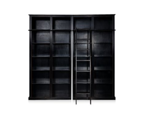 A LARGE PAIR OF BOOKSHELVES WITH SLIDING LADDER Black lacquered hardwood, 242 x 43 x 120cm each Condition:&nbsp;There are occ