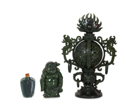 A GROUP OF THREE JADE ITEMS
Comprising a spinach carved reticulated censor, a laughing Buddha and a snuff bottle.
5cm to 18cm