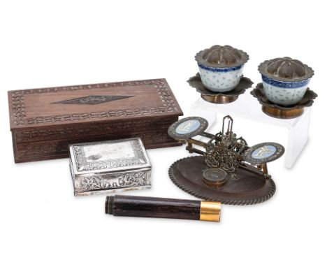 A GROUP OF ASSORTED ORIENTAL AND OTHER ITEMS
To include: a set of brass postal scales, weights lacking; a Southeast asian sil