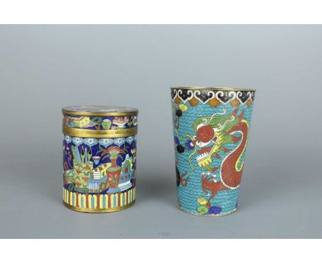 Two Chinese cloisonné enamel vessels, c.1900, comprising a cylindrical-shaped box with cover, with “Hundred Antiques” design 
