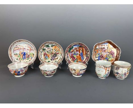 Four sets of Chinese Canton famille rose “figural” cups and saucers, Qing Dynasty Qianlong period (1736-1795), Comprising thr
