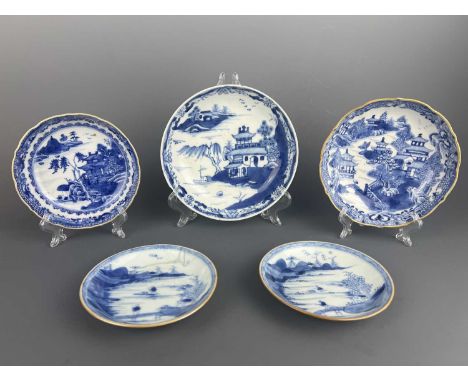 Five Chinese blue and white “landscape” dishes, Qing Dynasty Qianlong period (1736-1795). All painted with traditional Chines