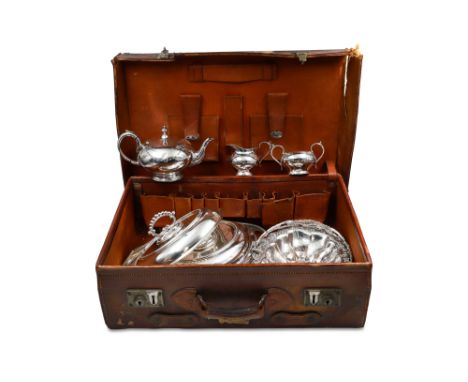 A LARGE COLLECTION OF VINTAGE SILVER PLATED WARE, to include a pair of entrée dishes, oval tray, three-piece tea service, swi