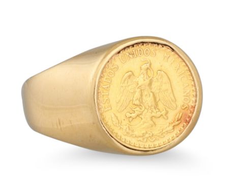 A MEXICAN GOLD COIN RING, mounted in 18ct gold, size R - S, 7.9 g.