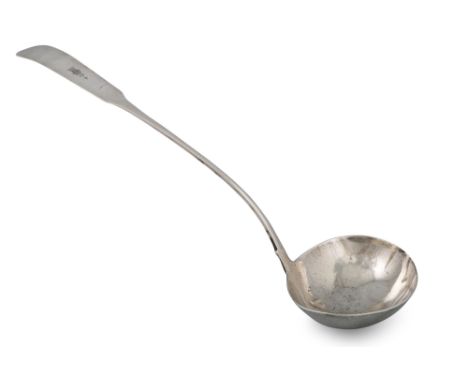 A GEORGE III IRISH SILVER SOUP LADLE, bow handled fiddle pattern, by Samuel Neville crested, 202 g.