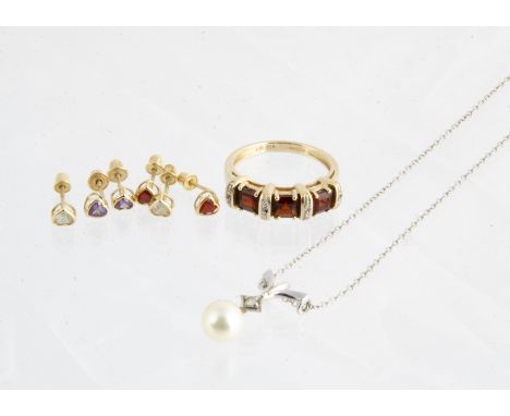 A 14ct gold diamond and cultured pearl drop pendant, a 9ct gold garnet and diamond dress ring, and various gold and gem set e