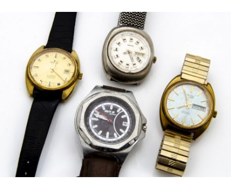 Four retro gentlemens wristwatches, including a gilt Avia-Matic with light blue dial, an AVI-8 Sport automatic, a gilt Buren 