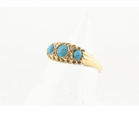 An 18ct gold turquoise and diamond ring, the three cabochon turquoise alternately set with rough cut diamonds in claw setting